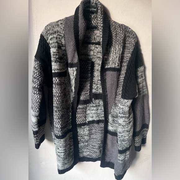 J. Jill Sweaters - J.JILL - Black Gray White Patchwork Wool Blend Open Cardigan Sweater Coat size M